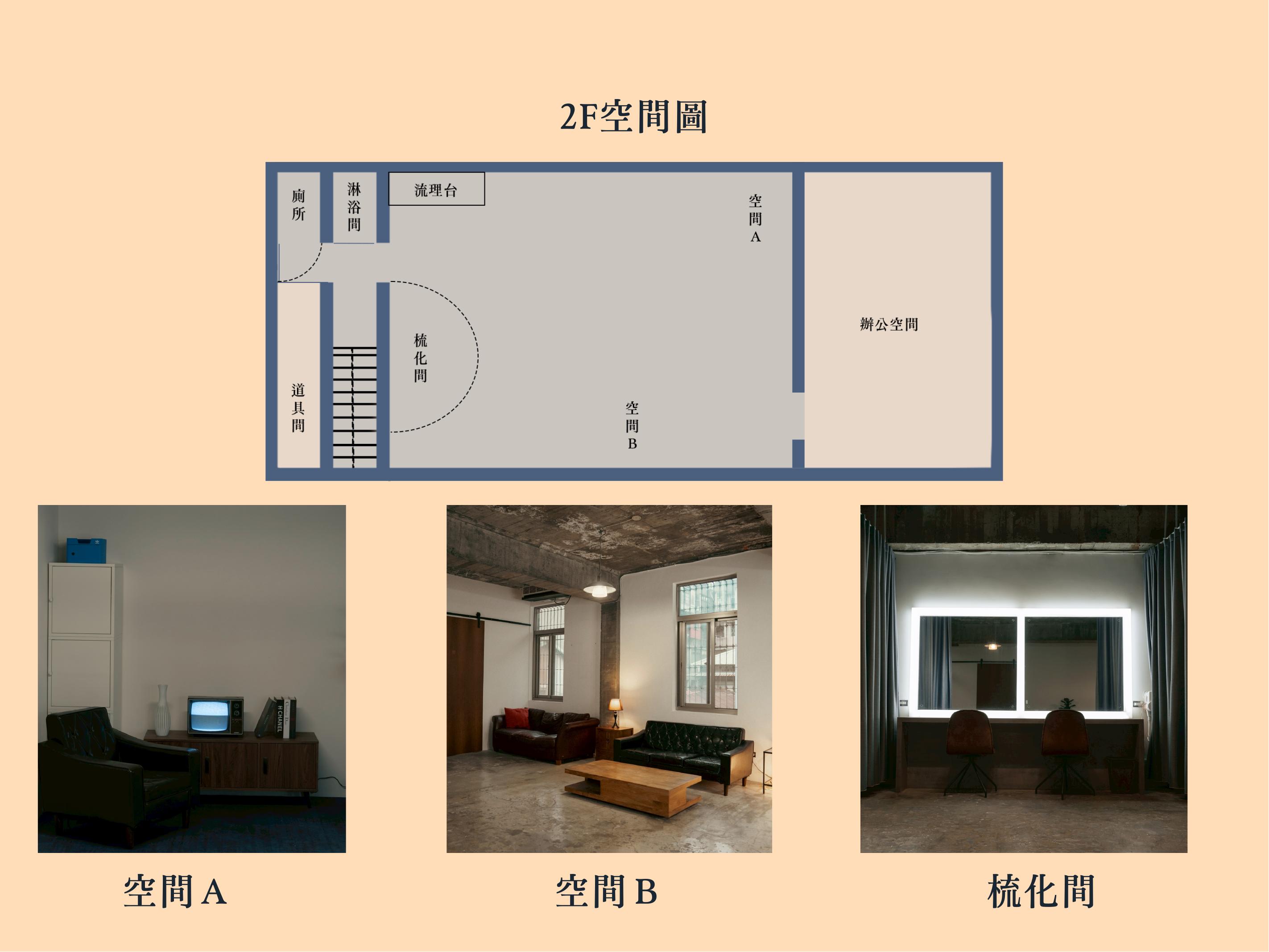 弎嶼 Tri-lsle 台北中正區攝影棚 2F 實景場景空間圖含梳化間與辦公空間